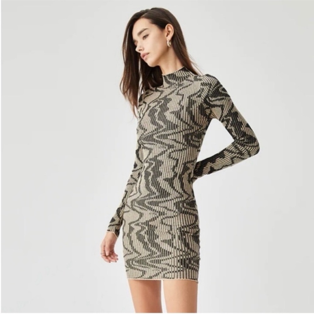 💘 COMMENSE - STRIPED WAVY PRINT MOCK NECK SHORT MINI SWEATER DRESS